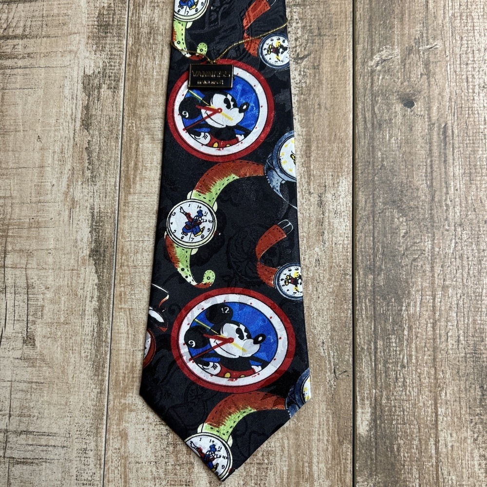 VINTAGE Mickey Unlimited 90s Watches Clock Pattern Neck Tie Disney Black Y2K
